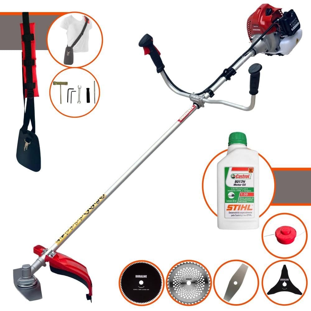 Roçadeira Kawashima BCJ620L 62cc 3HP Com Carretel de Nylon + Lâmina Facão + Lâmina 3 Pontas + Lâmina 40 Dentes + Lâmina 80 Dentes + ÓLEO STIHL 2T