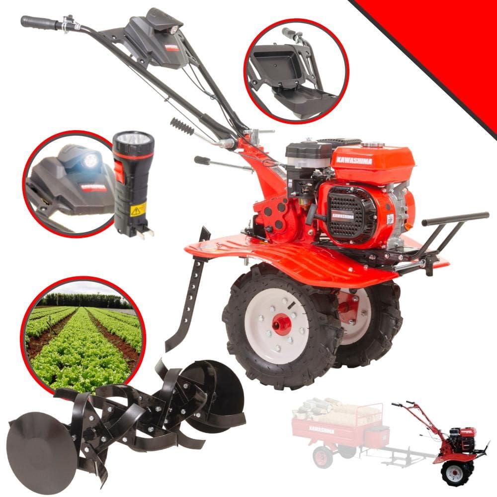 Tratorito Tipo Tobata À Gasolina Kawashima MCG780A Motor 4 Tempos 212cc 7HP Motocultivador Completo Com 24 Lâminas Cultivadoras e Rodas de Transporte