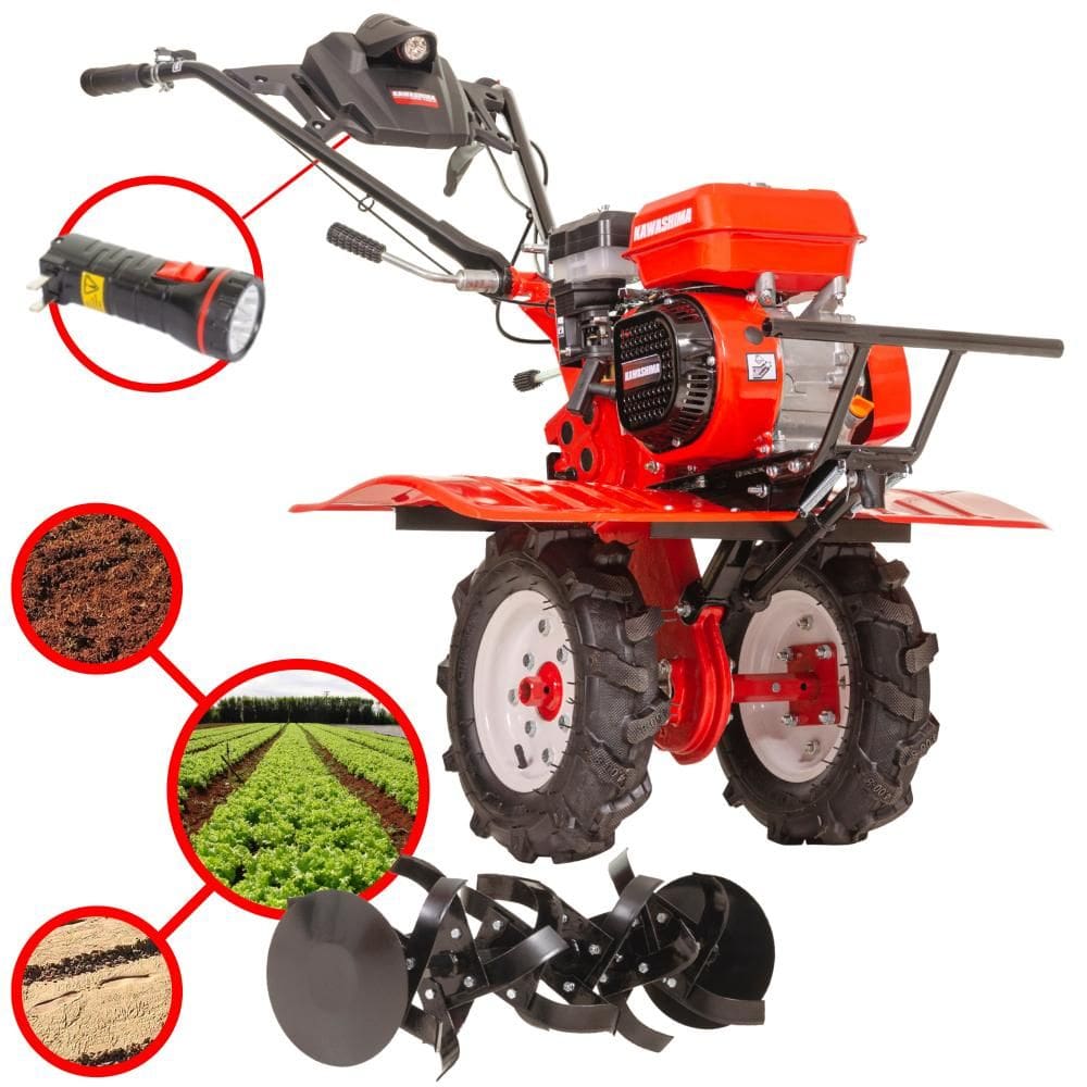 Motocultivador Micro Trator Tratorito Kawashima MCG-780A À Gasolina 212cc 7HP Câmbio de 3 Marchas Com 24 Lâminas Cultivadoras e Rodas Para Transporte