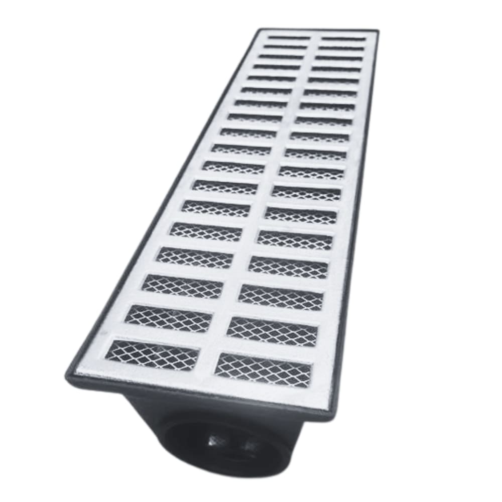 Ralo Linear 15x50 Grelha de Alumínio e Cocho 3 Saídas 75mm para Áreas Externas, Piscinas e Decks
