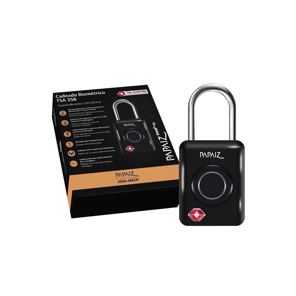 Cadeado TSA Digital com Biometria e senha 35B Papaiz Preto