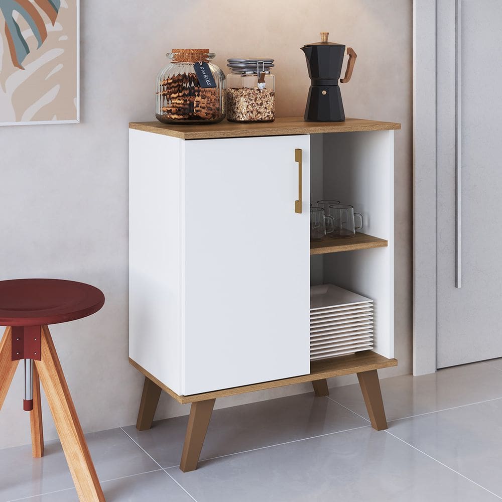 Armário Balcão Multiuso com 1 Porta 2 Nichos Branco Marrom