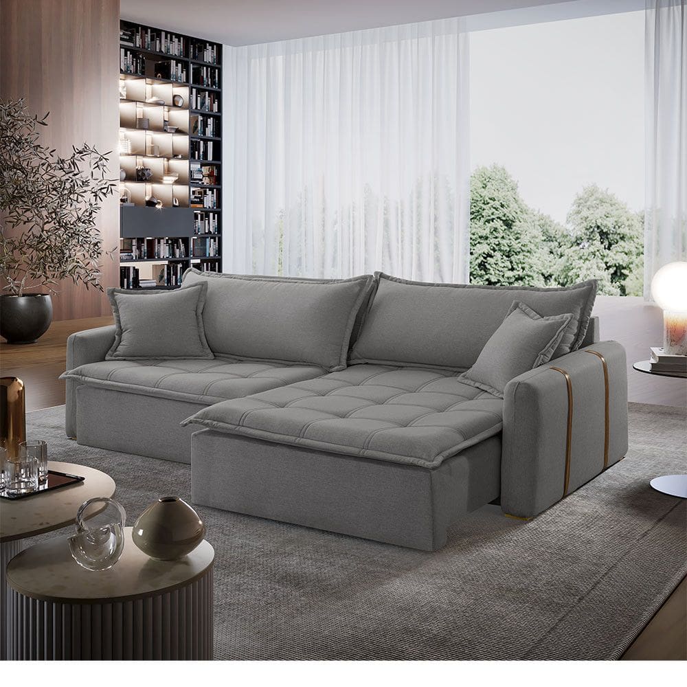 Sofá Cama Linho em Madeira Eucalipto 220cm Braço 20cm Arizona Meu Sofá Online