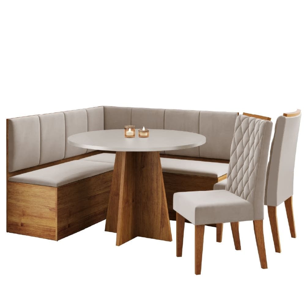Conjunto Sala de Jantar Canto Alemão com Baú Liebe com Mesa Fin e 2 Cadeiras Bele Veludo Viero