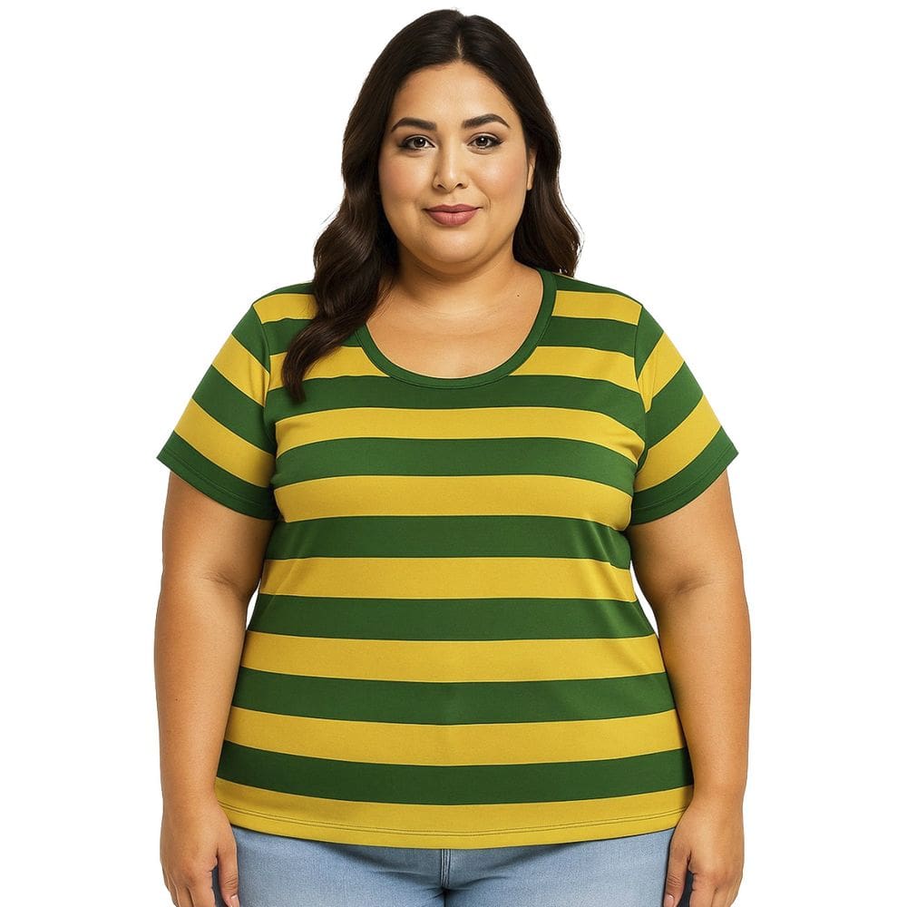 Camiseta Torcedora Brasil Listrada Verde Amarela Tamanho Plus Size