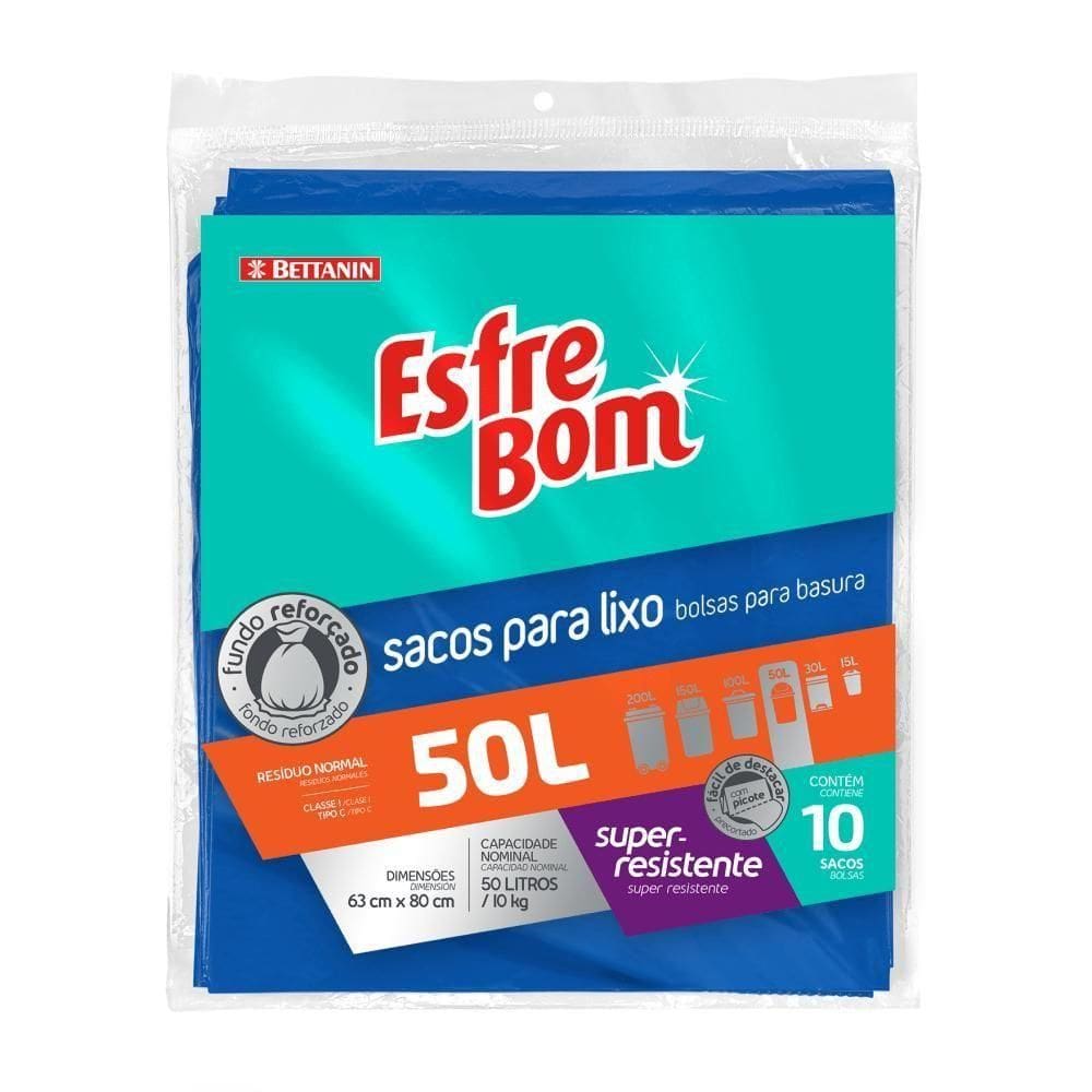 Saco De Lixo Almofada Com Fundo Reforçado Azul 50l Esfrebom Bettanin 10 Unidades