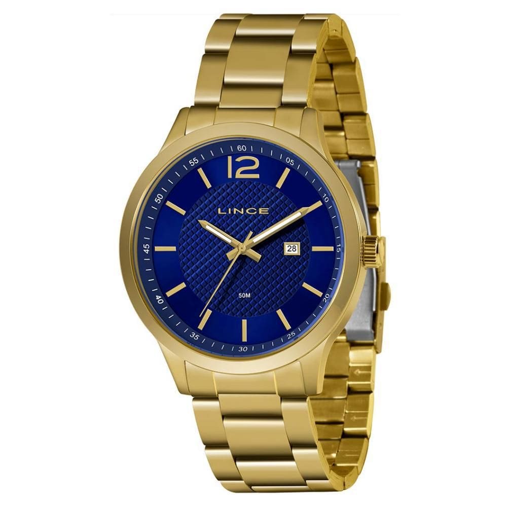 Relógio Masculino Lince Dourado Fundo Azul Com Calendário