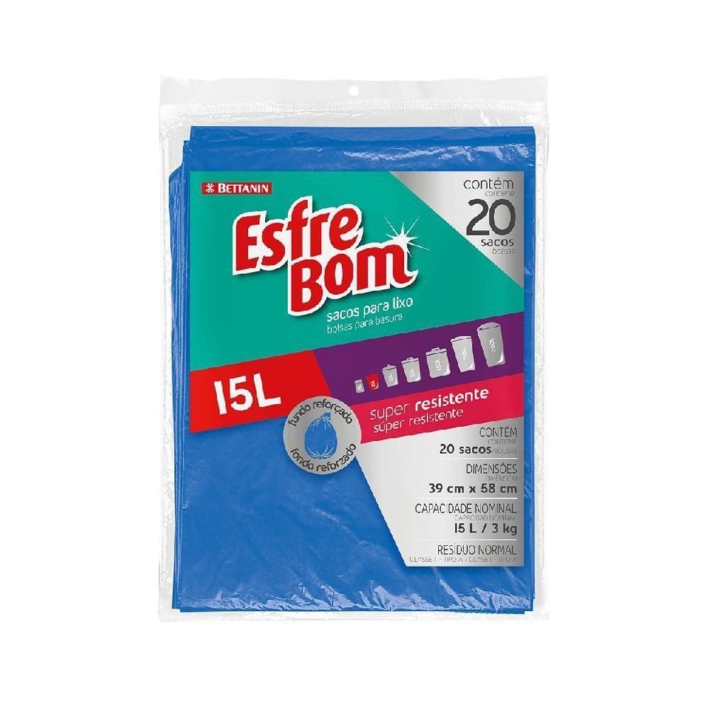 Saco De Lixo Almofada Com Fundo Reforçado Azul 15l Esfrebom Bettanin 20 Unidades