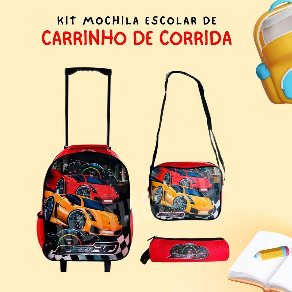 Kit Mochila Escolar Infantil 3 Peças - Carrinho Vermelho