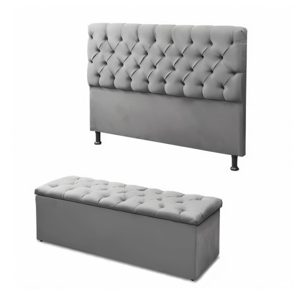 Conjunto Cabeceira com Calçadeira Cinza 90cm