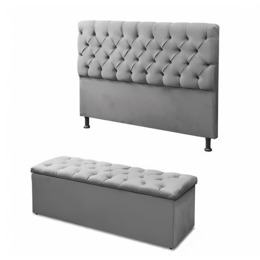 Conjunto Cabeceira com Calçadeira Cinza 90cm
