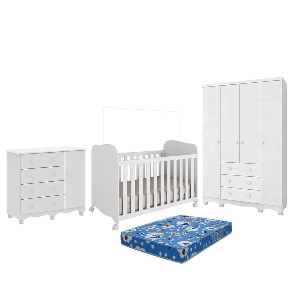 Dormitório Júnior Guarda Roupa 4 Portas, Cômoda 1 Porta e Berço Uli com Colchão Baby Physical - Móveis Peroba