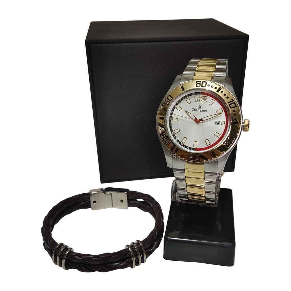Kit Relógio Masculino Dourado E Prata Champion Pulseira
