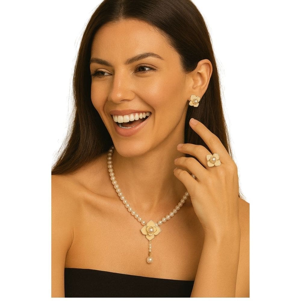 Kit Joias Pérola Feminina Colar Flor Brinco Anel Branco Luxo