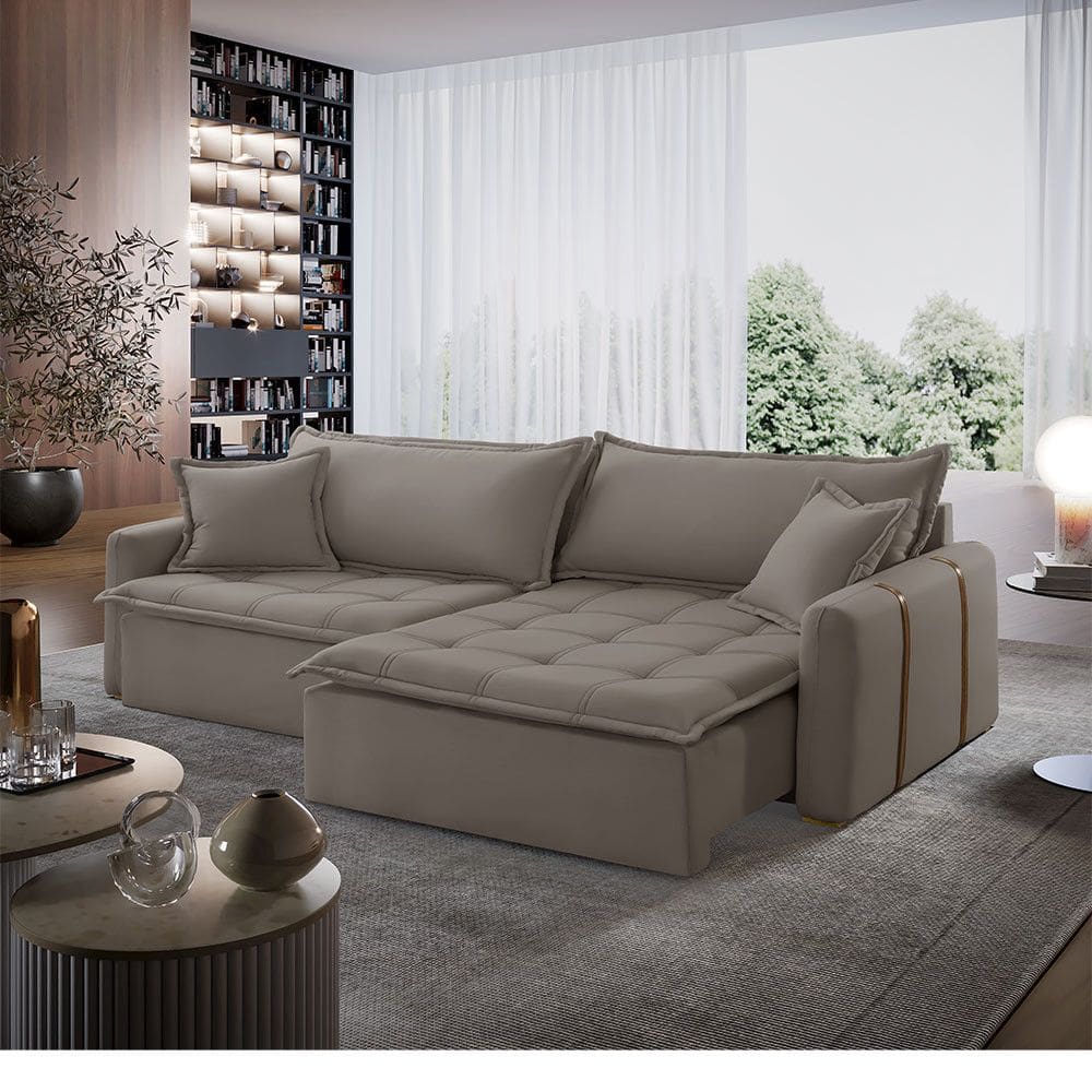 Sofá Cama Veludo em Madeira Eucalipto 240cm Braço 20cm Arizona Meu Sofá Online