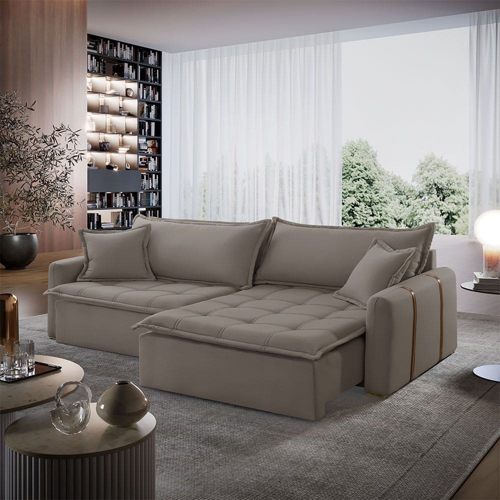 Sofá Cama Veludo em Madeira Eucalipto 280cm Braço 20cm Arizona Meu Sofá Online