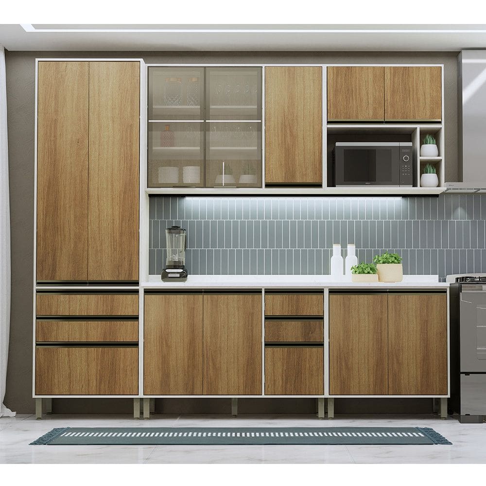 Cozinha Modulada Completa 5 peças 270cm com Vidro Reflecta e Tampo Linea Luciane Móveis
