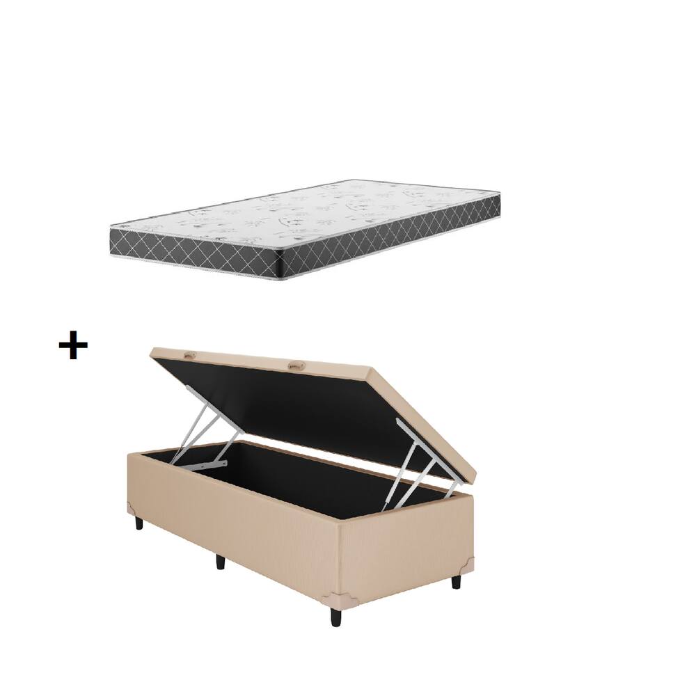 Cama Baú Solteiro Bege Colchão D20 88x188x12