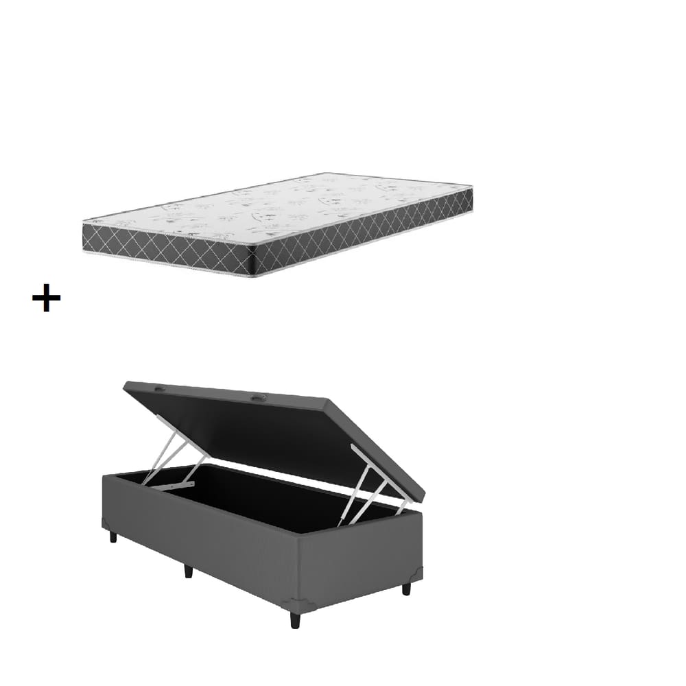 Cama Baú Solteiro Cinza Colchão D20 88x188x12