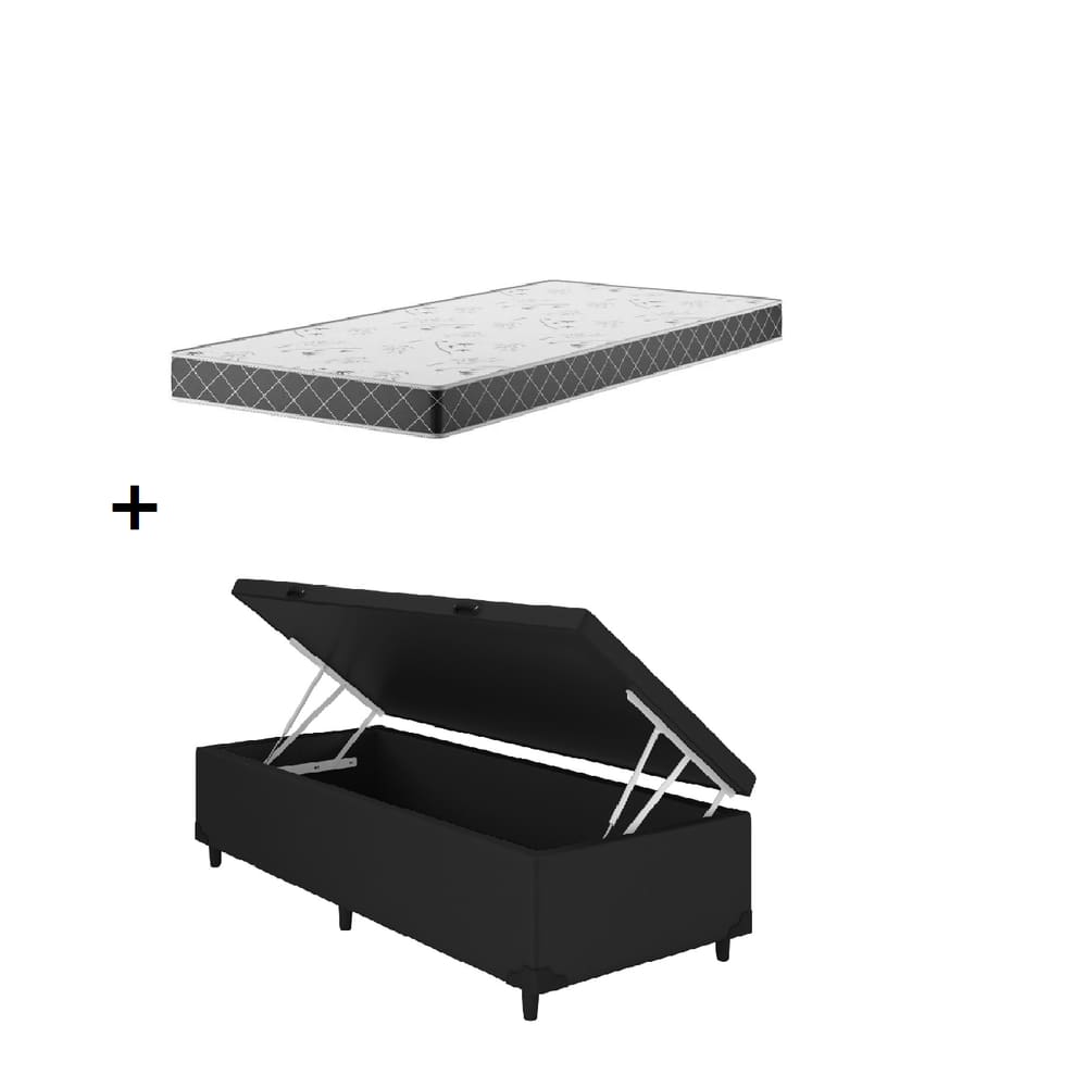 Cama Baú Solteiro Preto Colchão D20 88x188x12