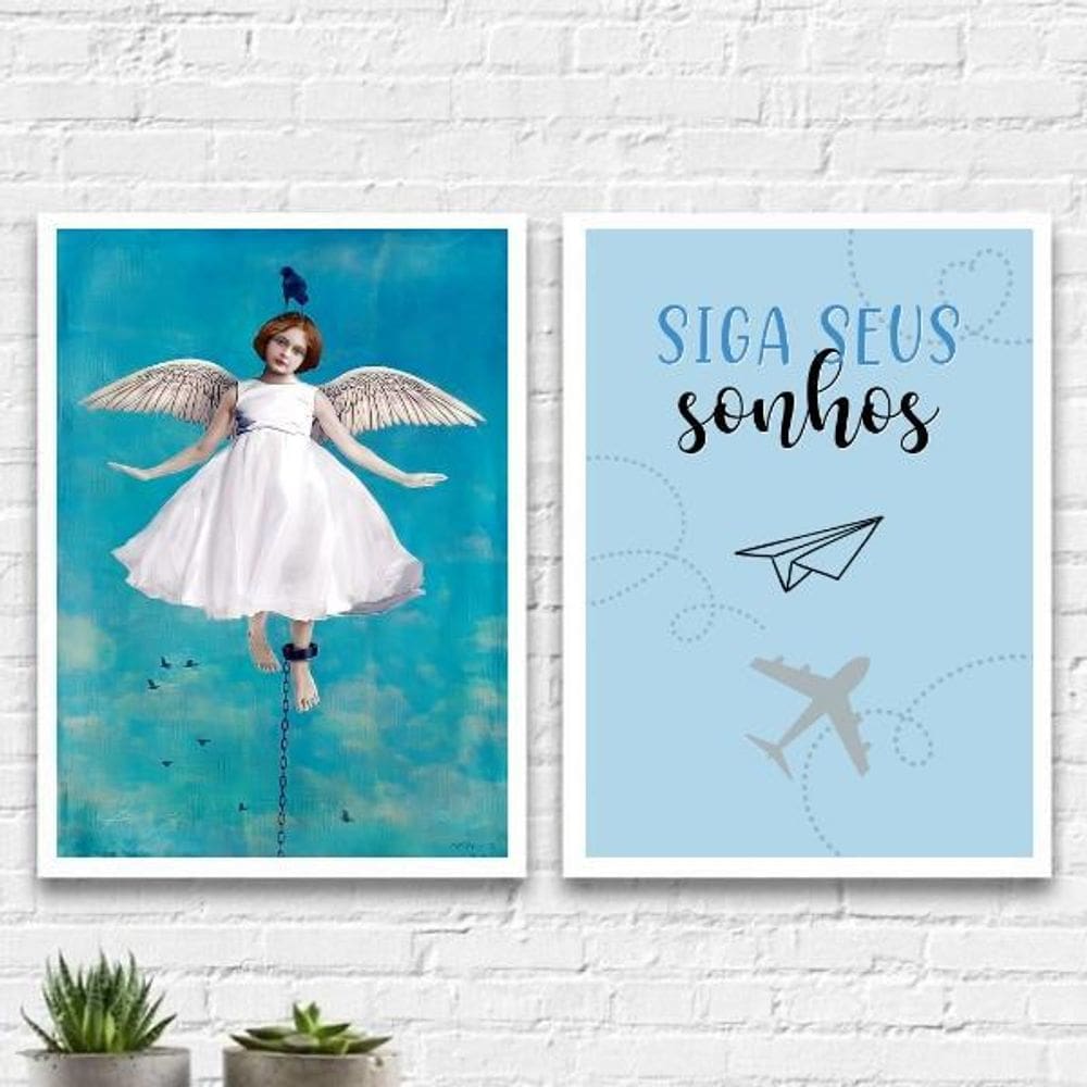 Kit 2 Quadros Siga Seus Sonhos 45X34Cm Madeira Branca