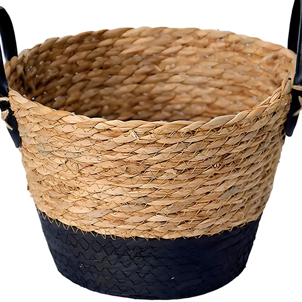 Cesto de Fibra Natural Preto C/ Alça Grande Ø33x28cm p/ Organização Decoração 3014