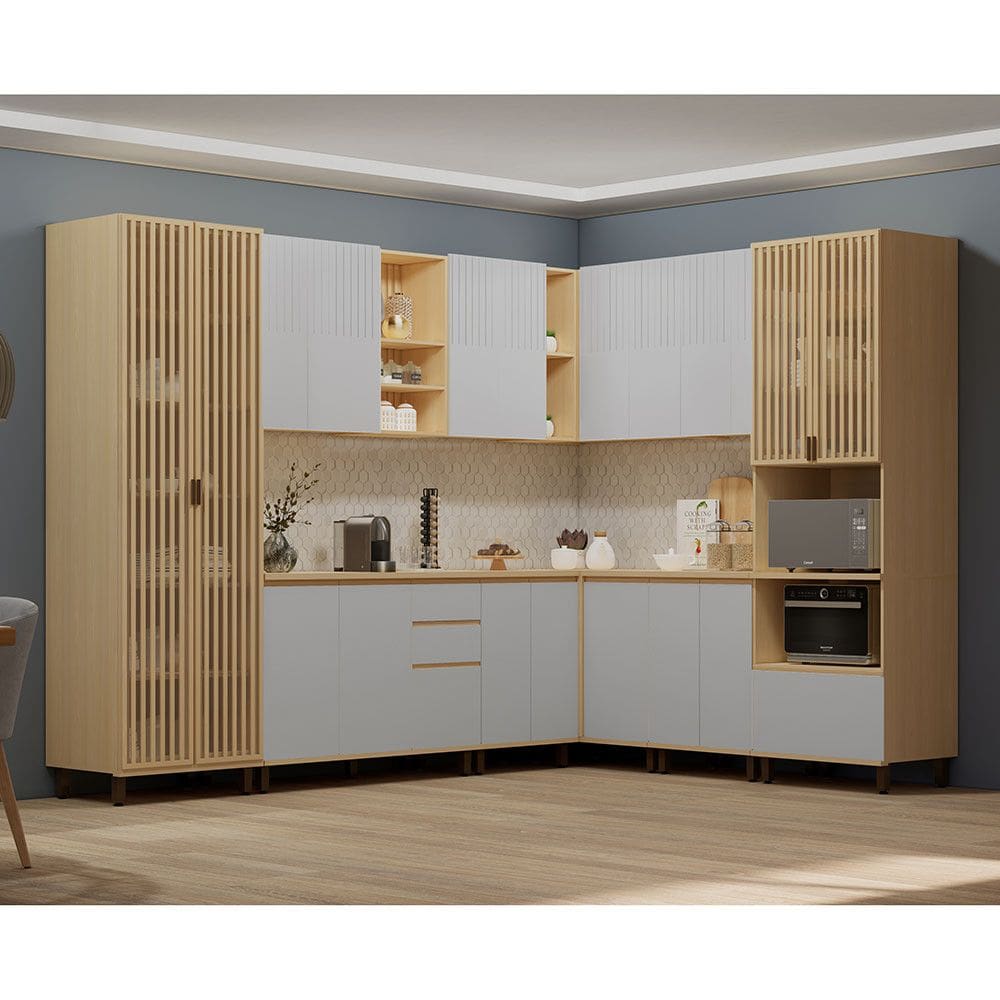 Cozinha Completa 10 Peças com Espaço para Micro-ondas e Tampo 528cm Aura Luciane Móveis