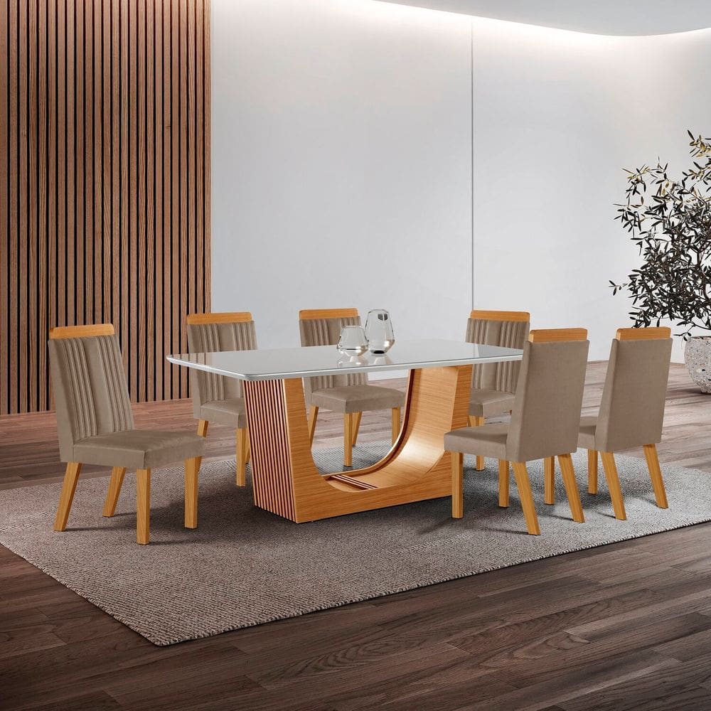 Conjunto de Jantar Mesa Maceió Tampo Mdf e Vidro com 6 Cadeiras Florença Yescasa Castanho Cinamomo/Capuccino/Off White