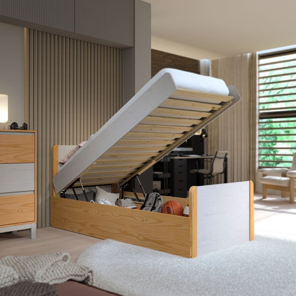 Cama de Solteiro Baú 90cm X 93,6cm Flow Natural Pine / Cinza