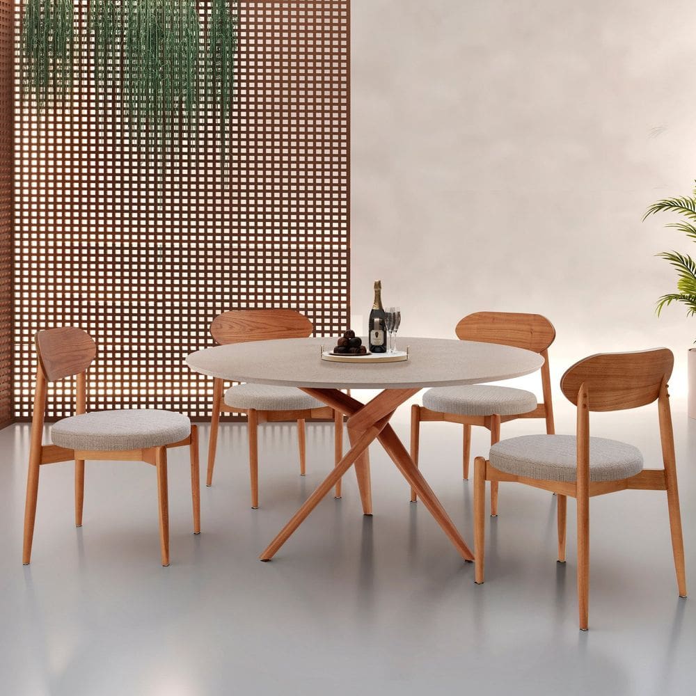 Conjunto Sala de Jantar Mesa 135cm Tampo Redondo Texturizado e 4 Cadeiras Hope Brisa / Imbuia Natural / Off White