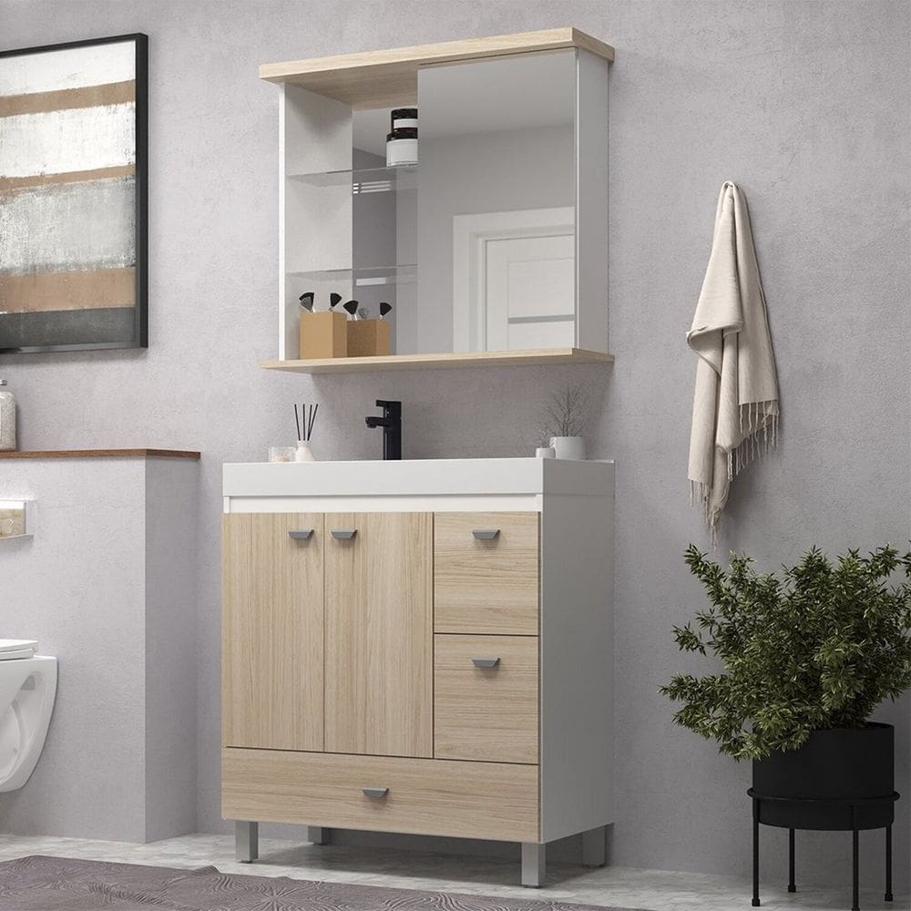 Gabinete de Banheiro 80cm com Cuba e Espelheira Branco/Carvalho Berlin