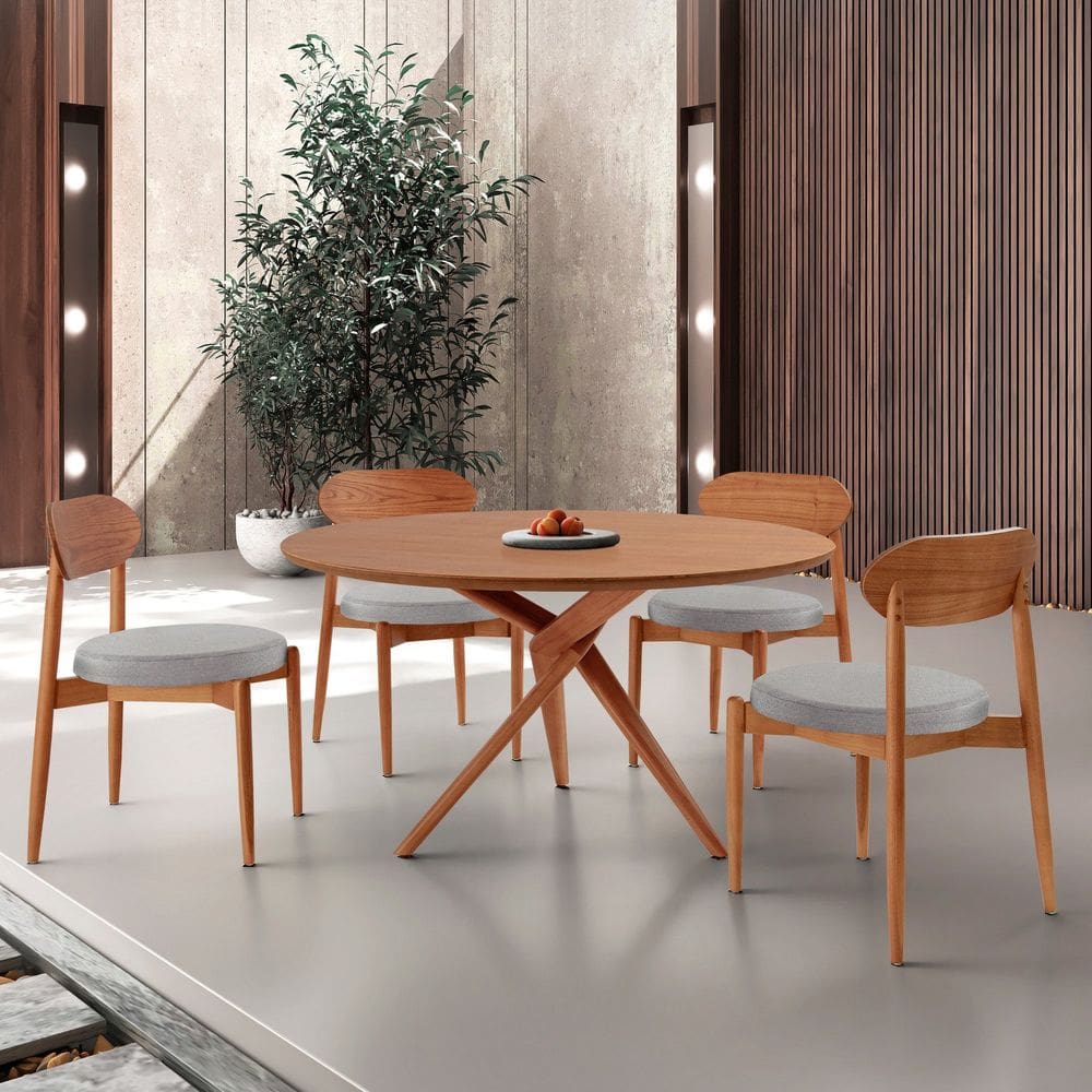 Conjunto Sala de Jantar Mesa 135cm Tampo Redondo Laminado e 4 Cadeiras Hope Luna / Imbuia Natural