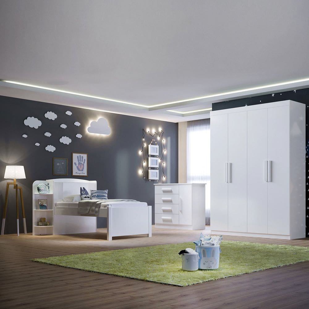 Quarto Infantil Completo com Guarda-Roupa Cama 100% MDF e Cômoda Angel Branco