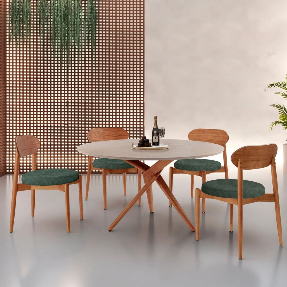 Conjunto Sala de Jantar Mesa 135cm Tampo Redondo Texturizado e 4 Cadeiras Hope Jade / Imbuia Natural / Off White