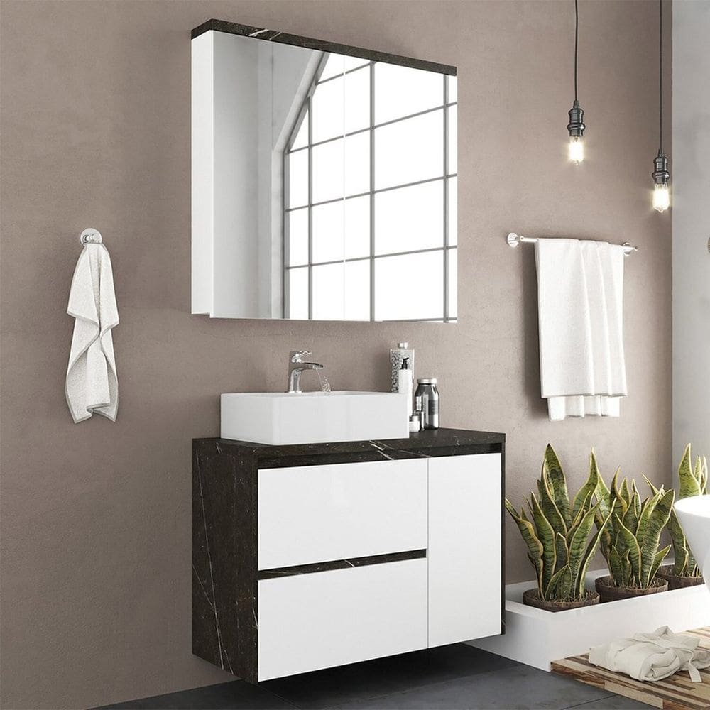 Gabinete de Banheiro 90cm com Cuba e Espelheira Portoro/Branco