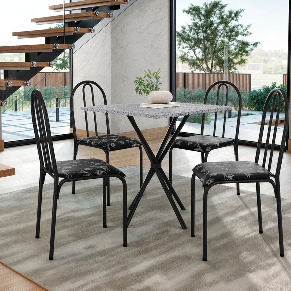 Conjunto Mesa com 4 Cadeiras e Tampo Quadrado Diamante Preto Floral