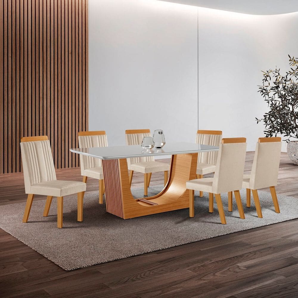 Conjunto de Jantar Mesa Maceió Tampo Mdf e Vidro com 6 Cadeiras Florença Yescasa Castanho Cinamomo/Creme/Off White