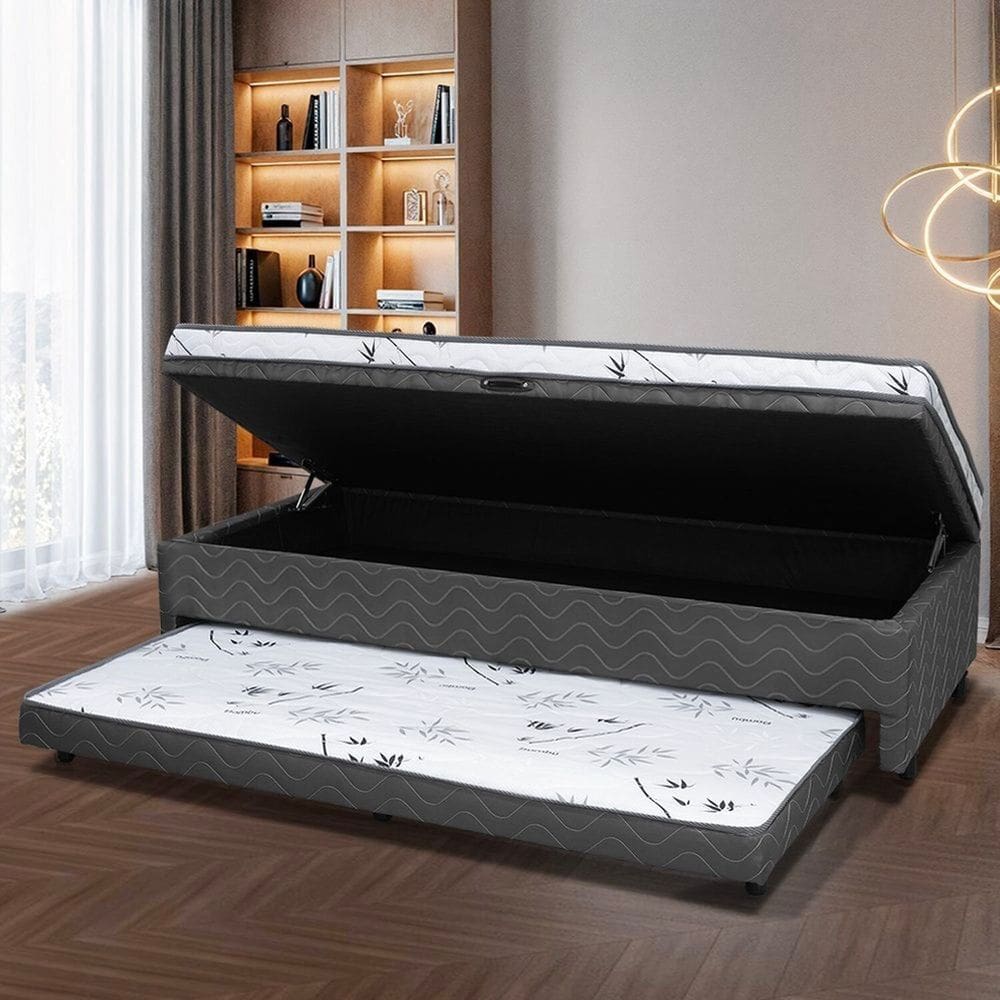 Cama Box Solteiro Ortopédica Conjugada Baú com Cama Auxiliar 88cm X 51cm D28 Laura Cinza Bambuzinho