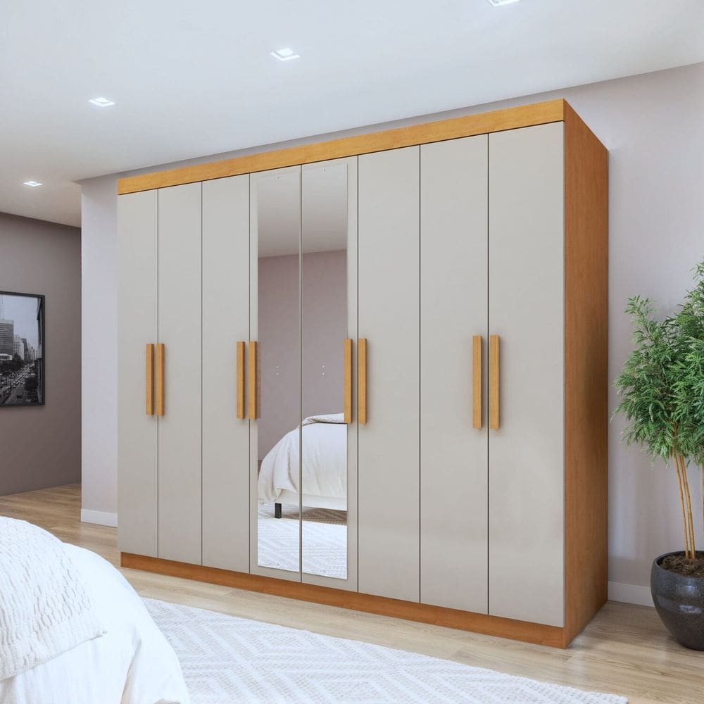 Guarda-roupa 8 Portas 4 Gavetas com Espelho Andara Soft Amêndoa Clean/Off White