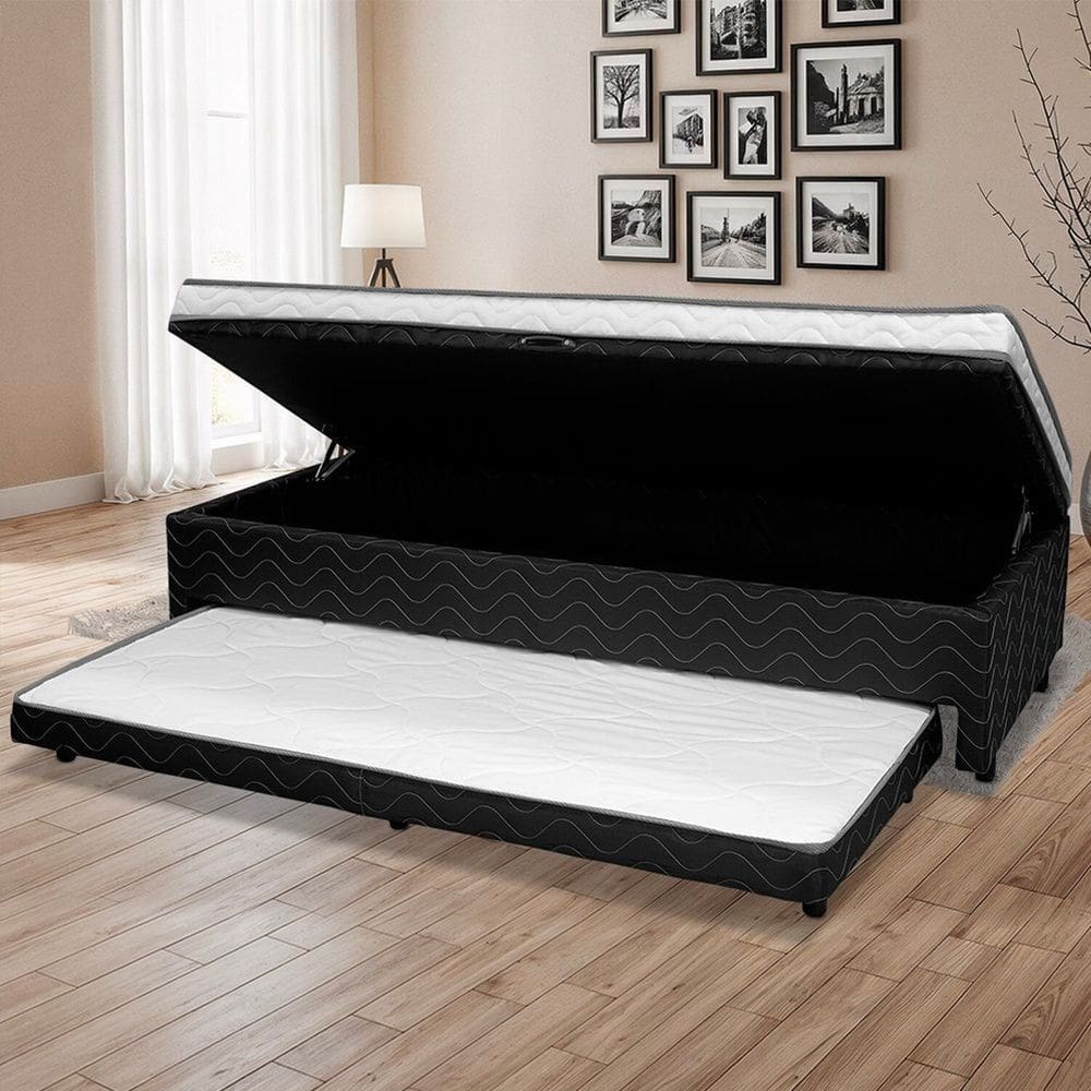Cama Box Solteiro Ortopédica Conjugada Baú com Cama Auxiliar 88cm X 51cm D28 Laura Preto/ Branco