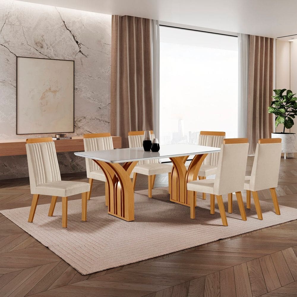 Conjunto de Jantar Mesa Miami Tampo Mdf e Vidro com 6 Cadeiras Florença Yescasa Castanho Cinamomo/Creme/Off White