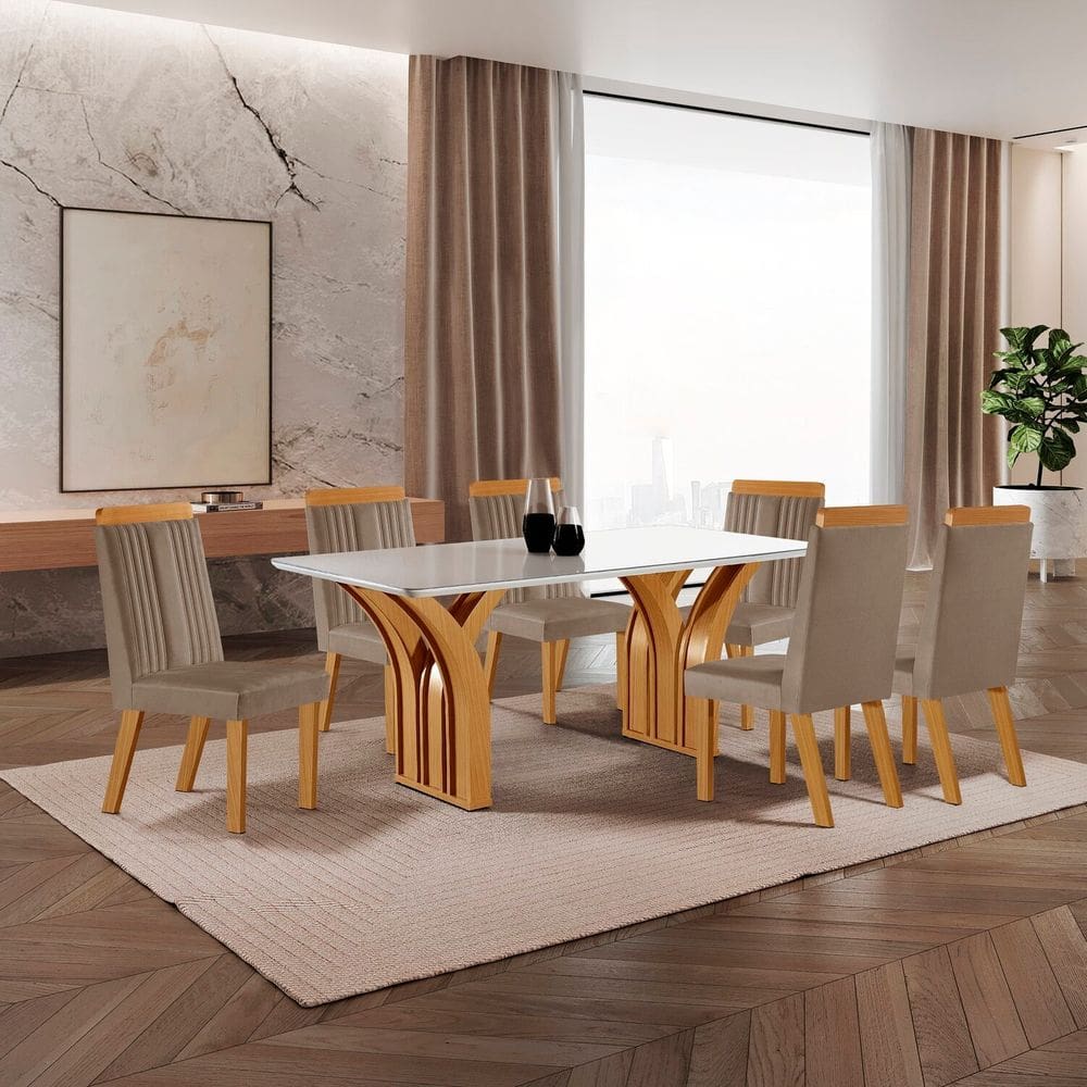 Conjunto de Jantar Mesa Miami Tampo Mdf e Vidro com 6 Cadeiras Florença Yescasa Castanho Cinamomo/Capuccino/Off White