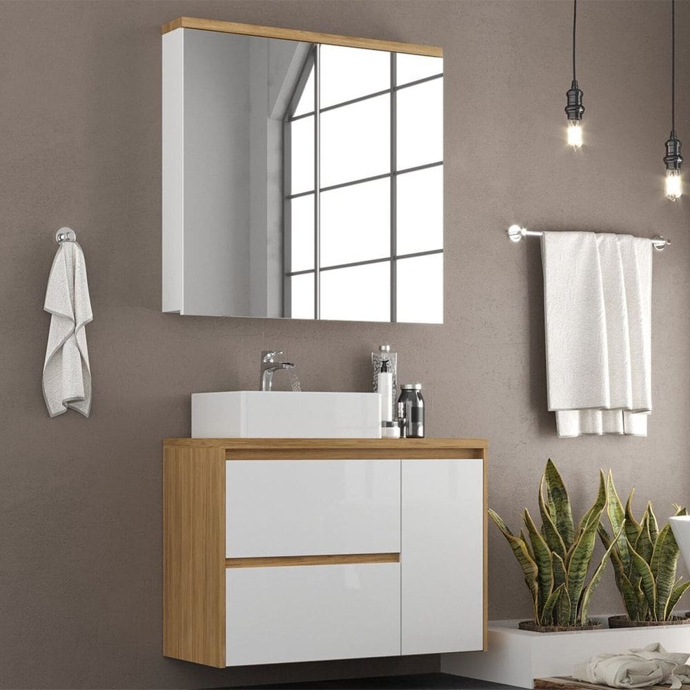 Gabinete de Banheiro 90cm com Cuba e Espelheira Itapuã/Branco