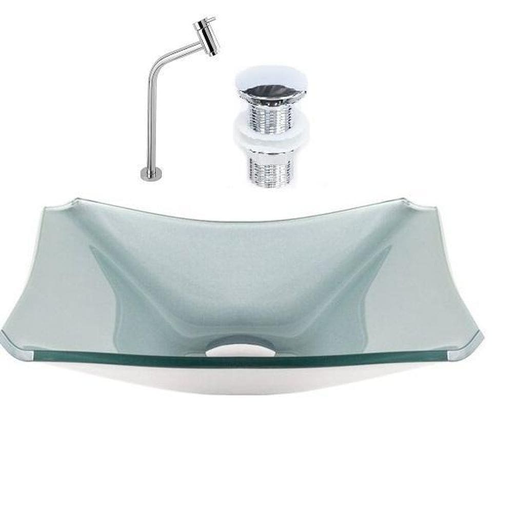 Cuba De Vidro Chanfrada 37Cm Prata + Válvula + Torneira