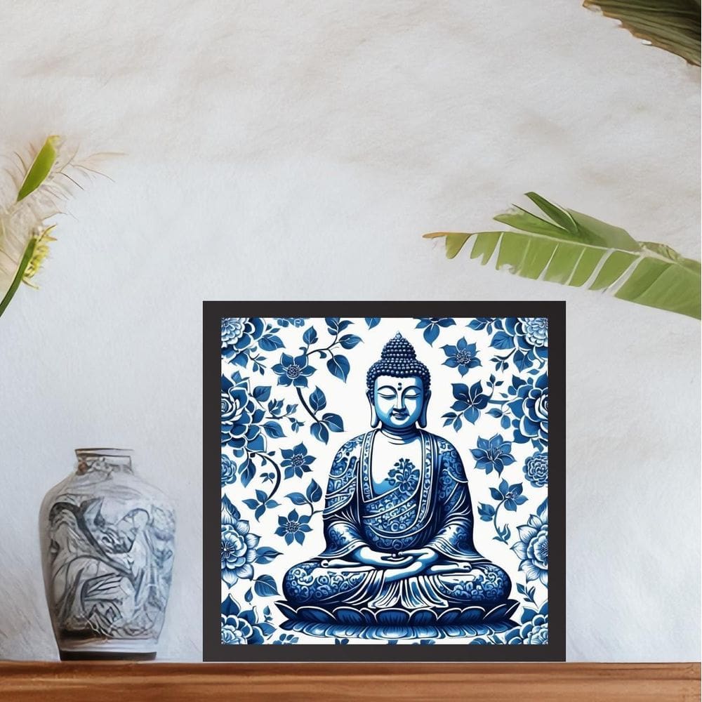 Quadro Buda Estilo Azulejo Português - 33X33Cm - Com Vidro