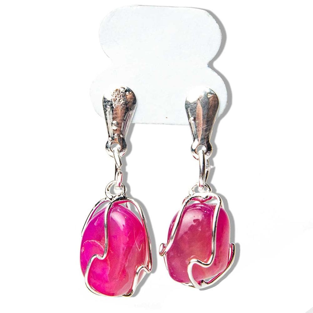 01 Brinco Cesta Amarrada Pedra Ágata Rosa Prateado