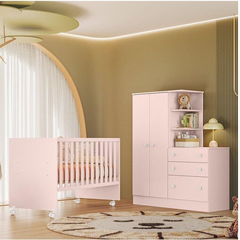 Quarto para Bebê Completo com Guarda-roupa e Berço Dose Sonho Rosa Acetinado