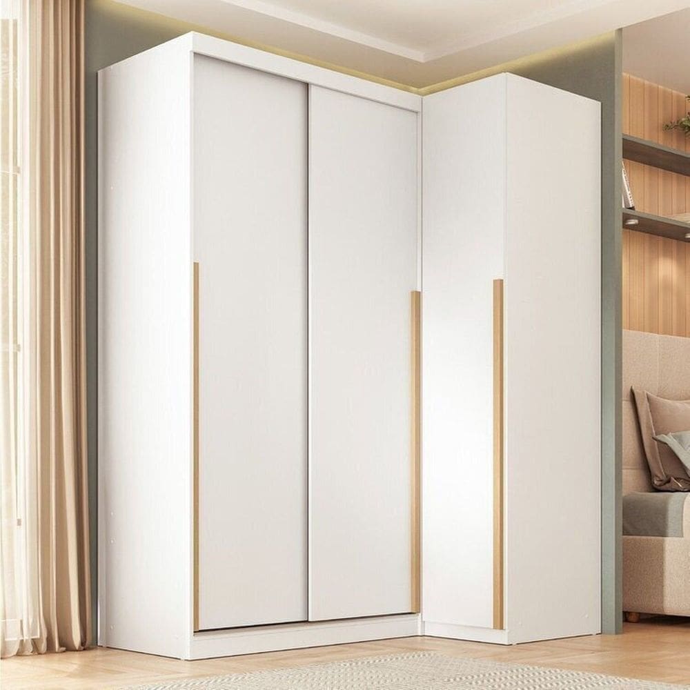 Guarda-roupa Modular de Canto 2 Peças 3 Portas com 2 Portas de Correr Jade Cabecasa Madeiramadeira Branco Fosco