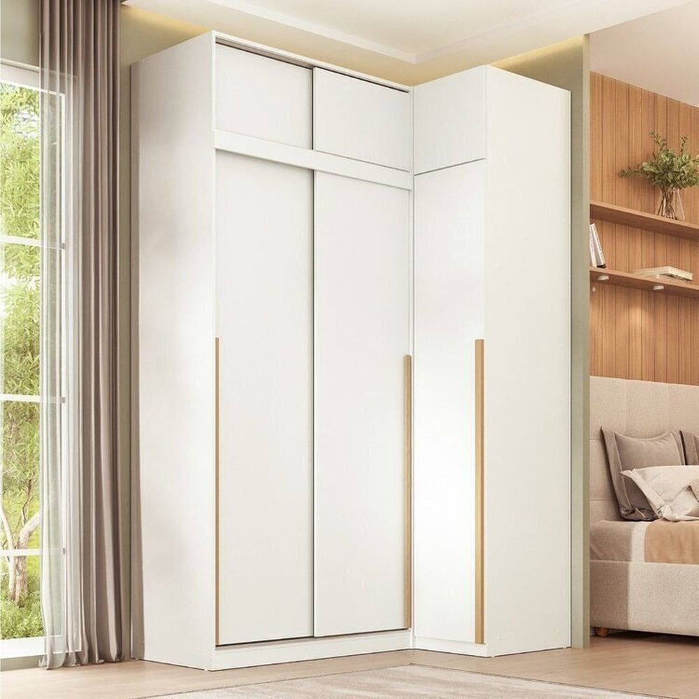 Guarda-roupa Modular de Canto 4 Peças 6 Portas com 4 Portas de Correr Jade Cabecasa Madeiramadeira Branco Fosco