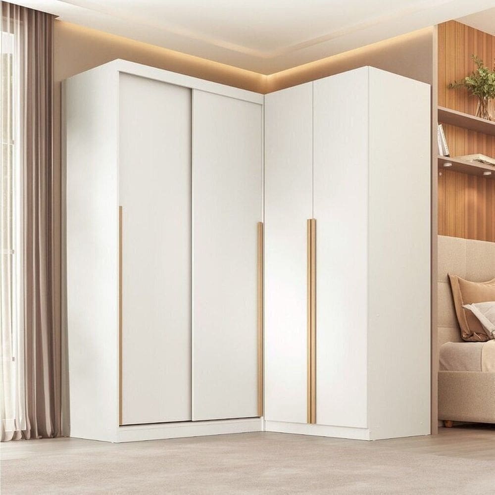 Guarda-roupa Modular de Canto 2 Peças 2 Portas com 2 Portas de Correr Jade Cabecasa Madeiramadeira Branco Fosco